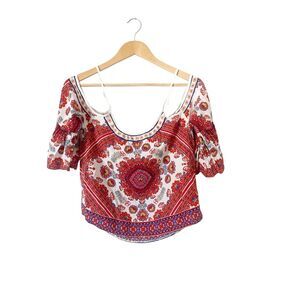 Flying Tomato Cold Shoulder Red‎ and White Boho Rayon Top Size Small